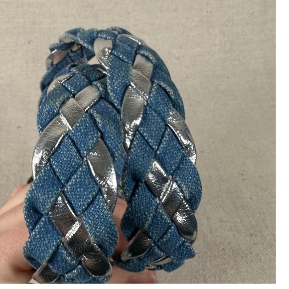 Western Braided Denim Silver Metallic Belt Buckle Blue Coastal boho festival - Picture 3 of 10